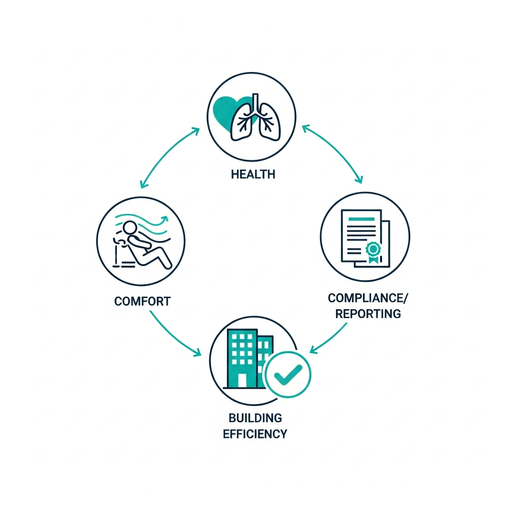 Why monitor IAQ - health, comfort, ventilation, building efficiency, compliance
