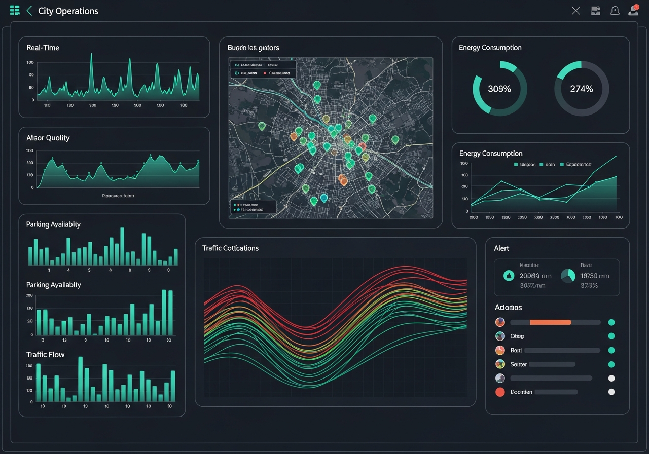 Smart city dashboard showing maps, data graphs, and urban analytics