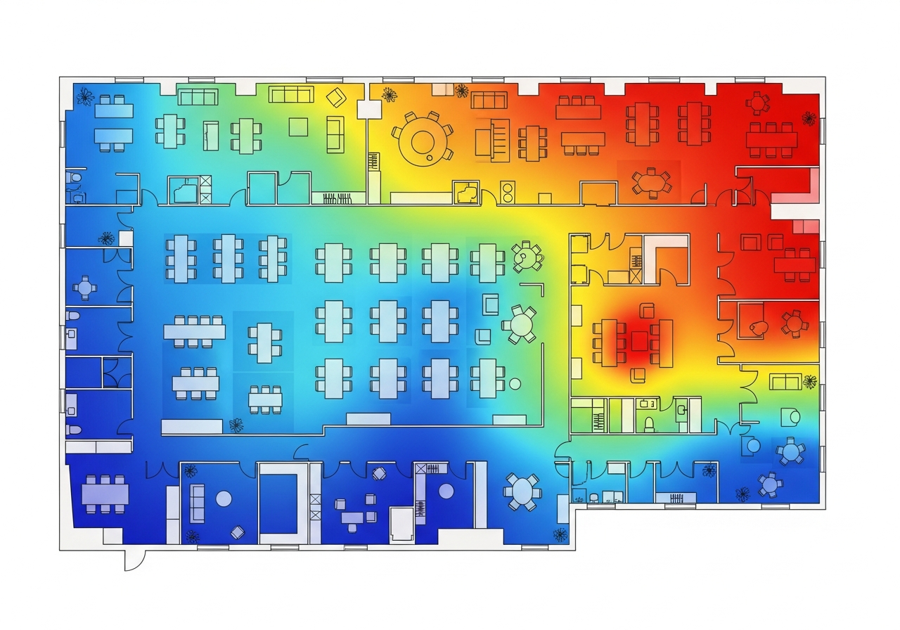Office floor plan heatmap showing occupancy intensity across different zones