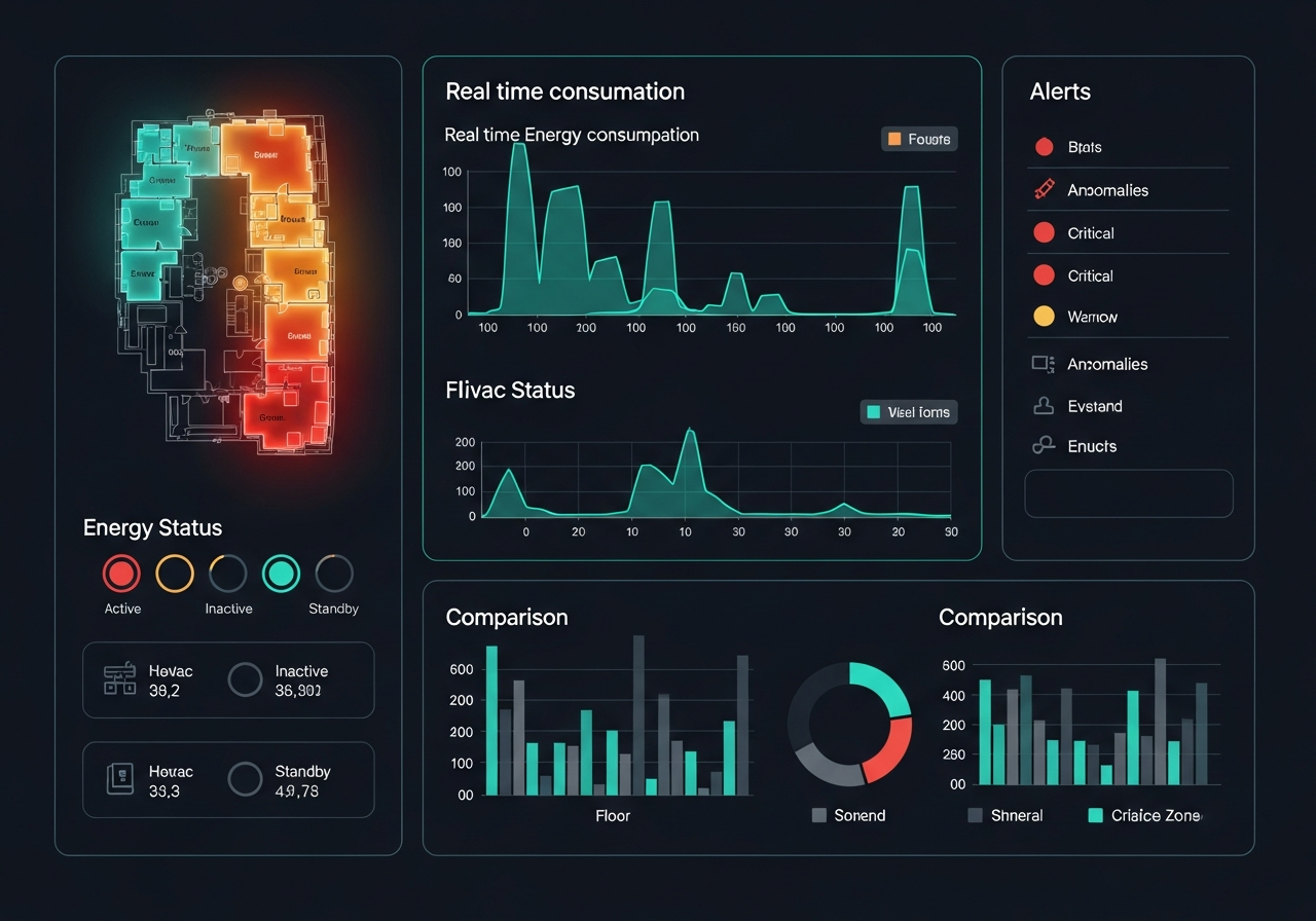 Building energy analytics dashboard showing consumption graphs, alerts, and trends