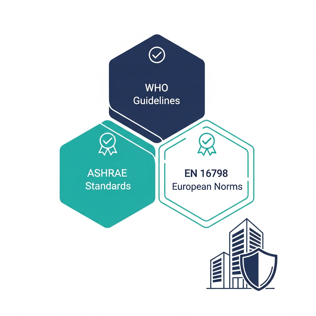 Standards and compliance frameworks - WHO, ASHRAE, EN 16798