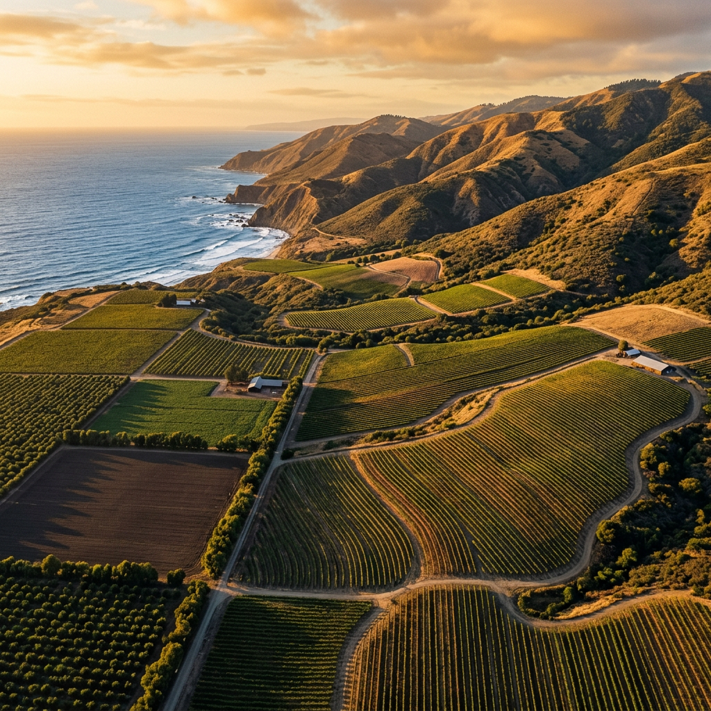 Coastal California farmland at golden hour