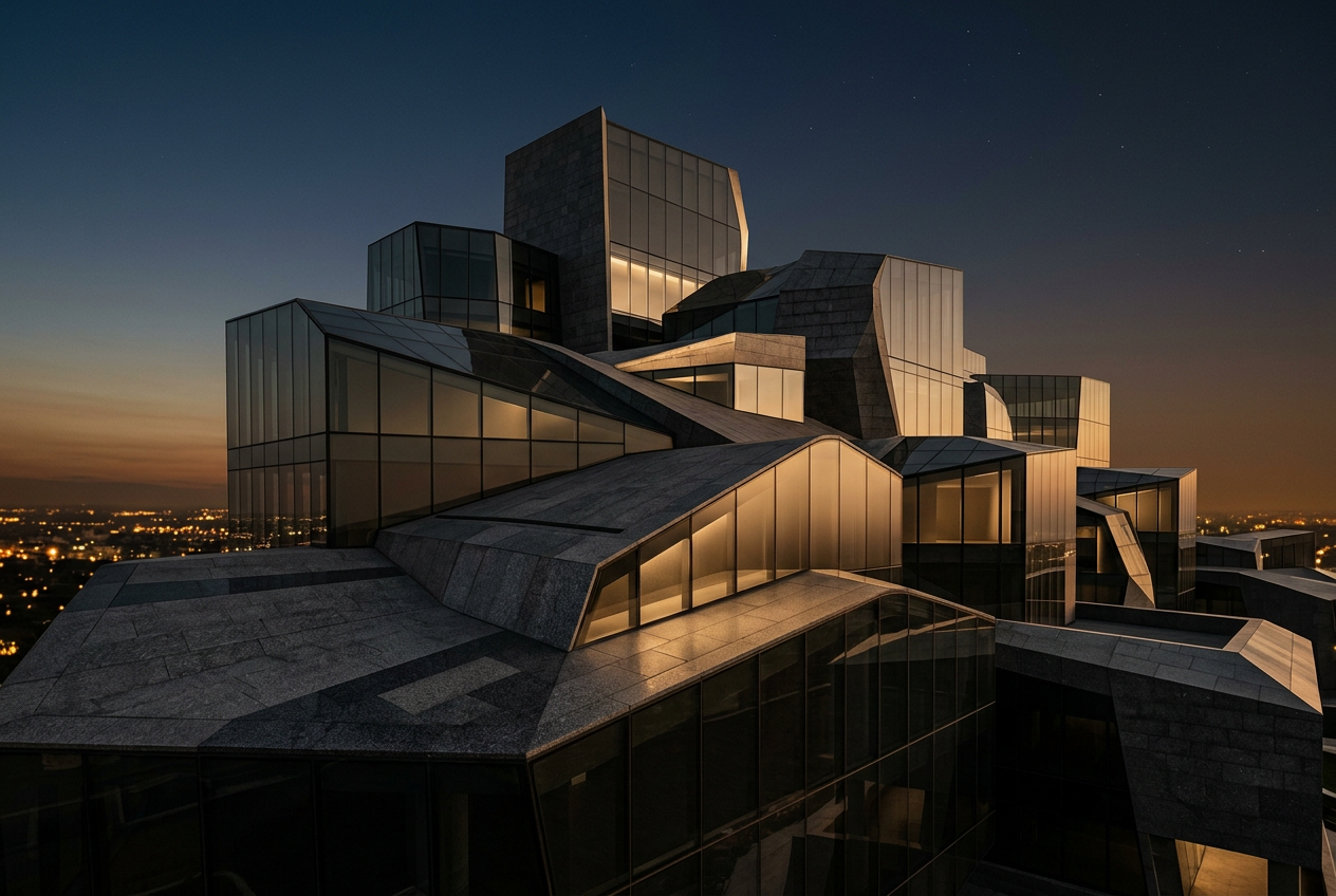 Architectural forms representing a portfolio of ventures at dusk