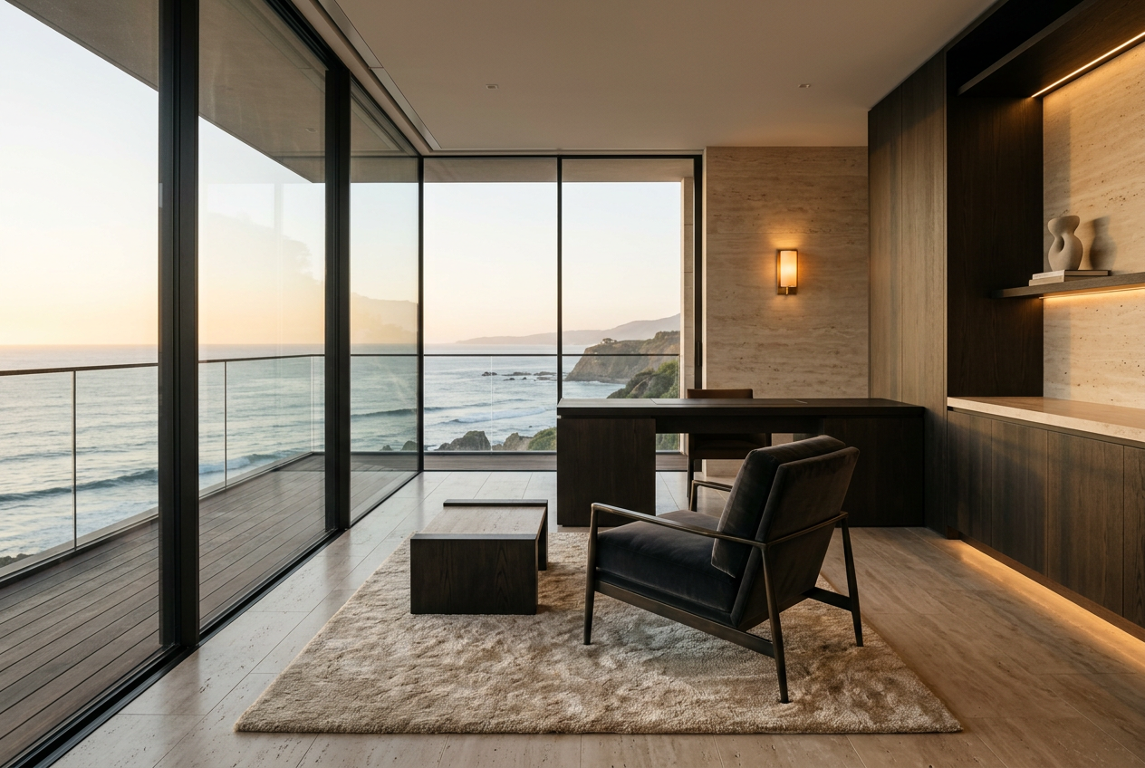 Minimalist luxury interior with ocean view