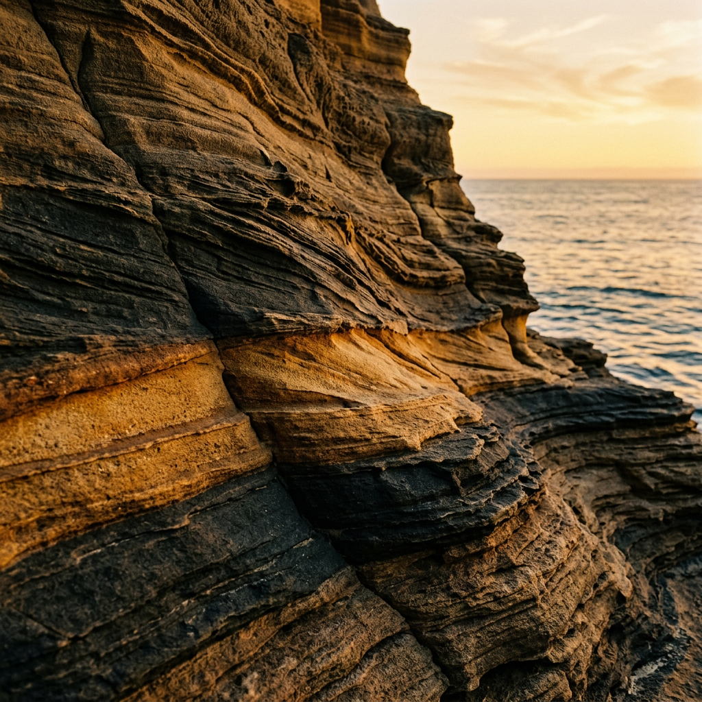 Layered coastal sandstone strata at golden hour