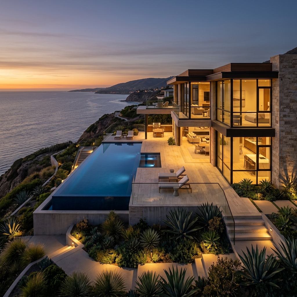 Modern coastal residence at dusk