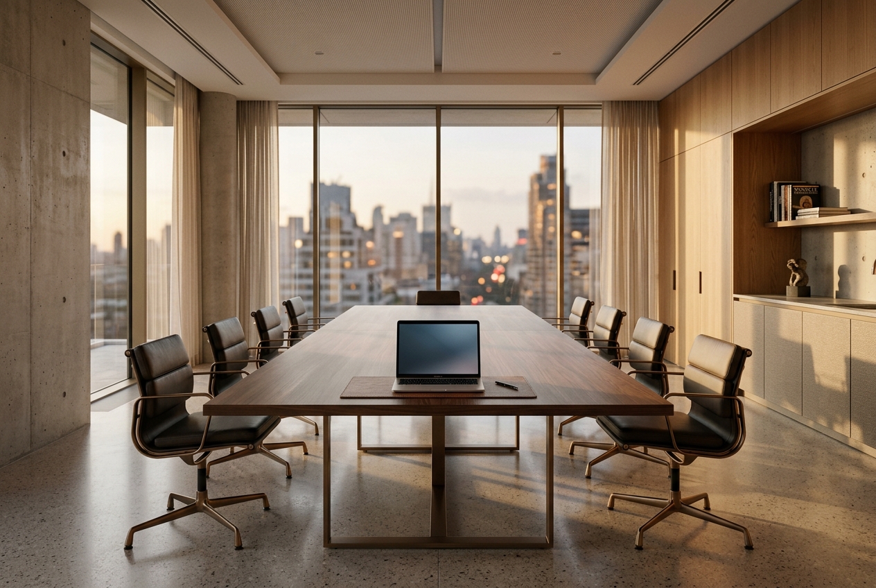 Modern conference room with floor-to-ceiling glass and a skyline at golden hour
