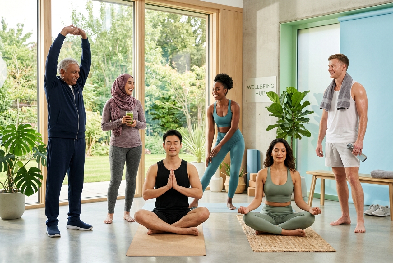 A diverse, international group of people enjoying good health and wellbeing