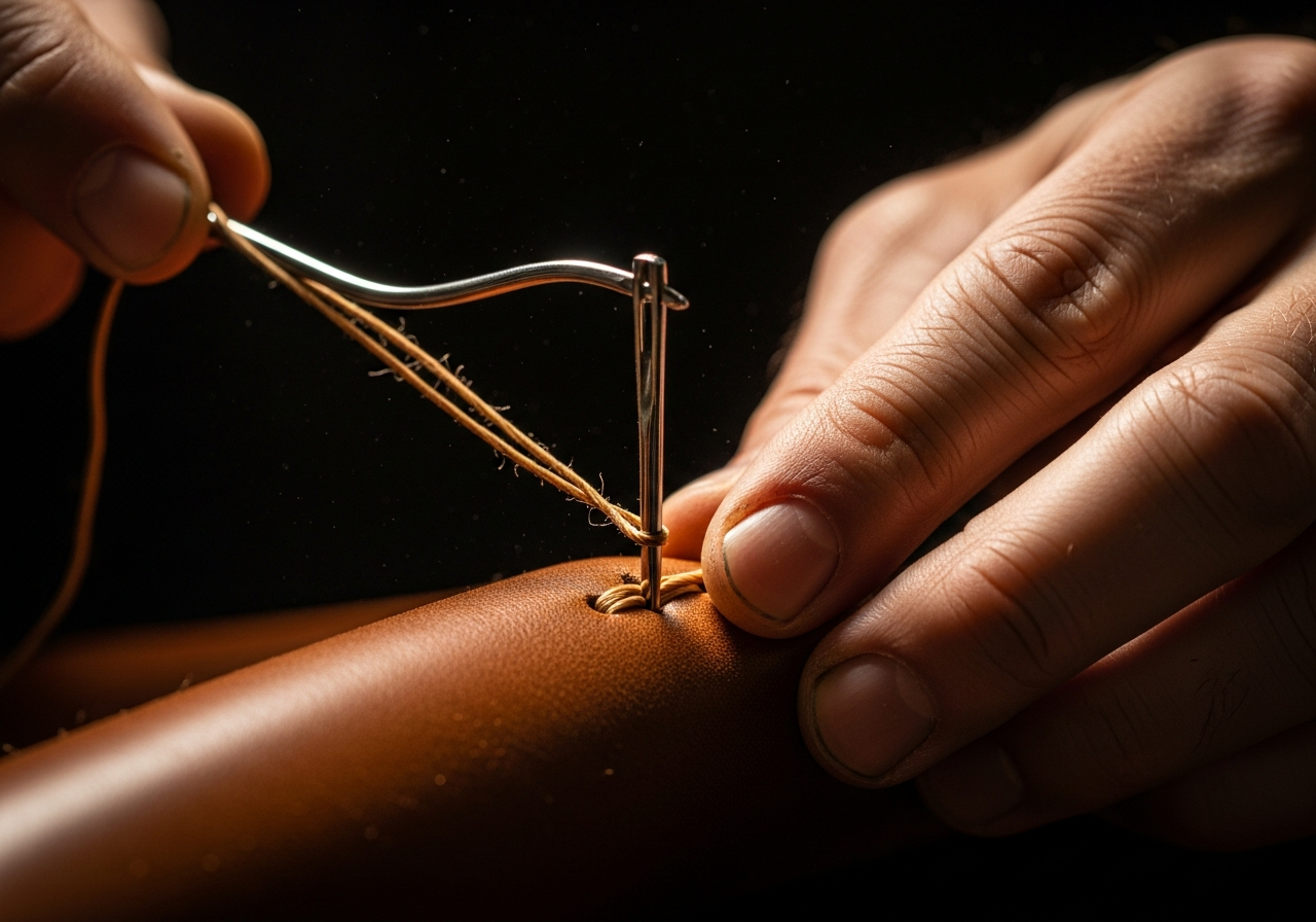 Artisan's hands folding a signature of cotton paper on a wooden bench