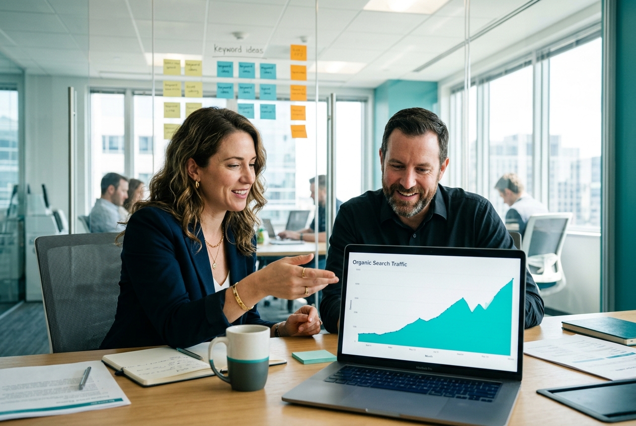 Marketing team reviewing an organic search traffic growth chart during an SEO strategy meeting