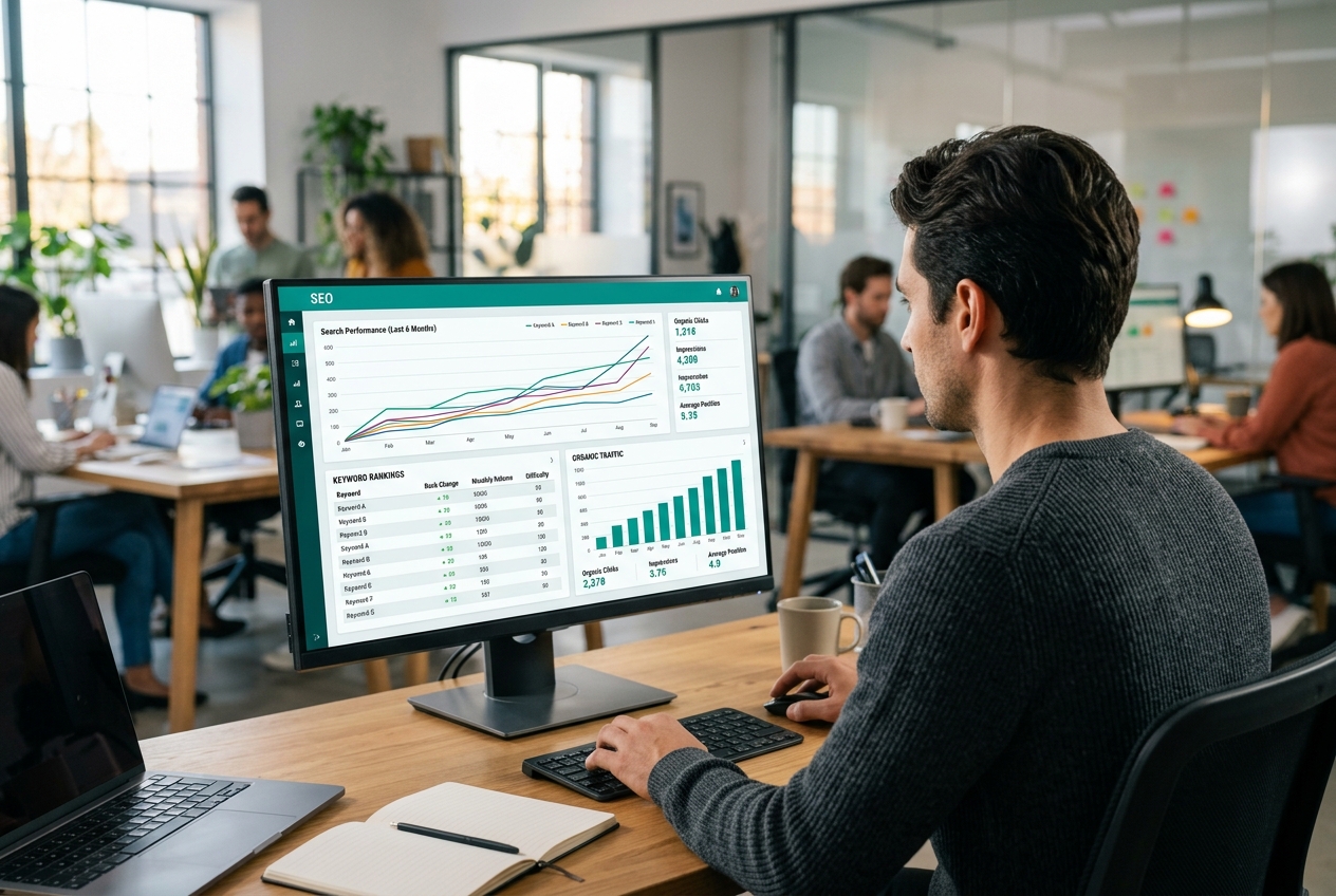 SEO specialist analysing search rankings and organic traffic on an SEO analytics dashboard