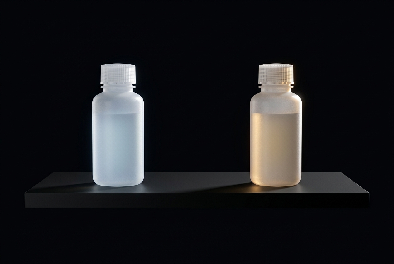 PrismPixel Glass and Opaque laboratory bottles on a lit shelf