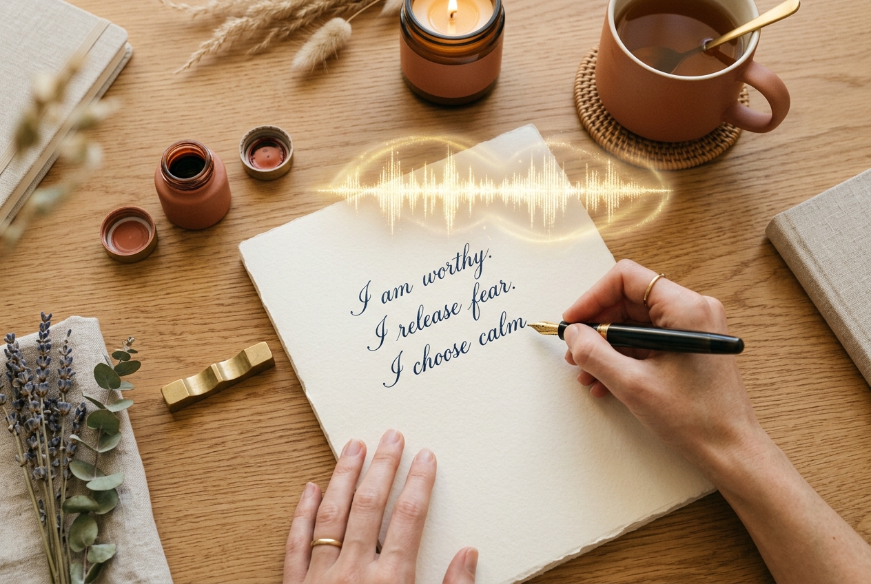 A hand writing affirmations on paper with a golden soundwave glowing above the desk