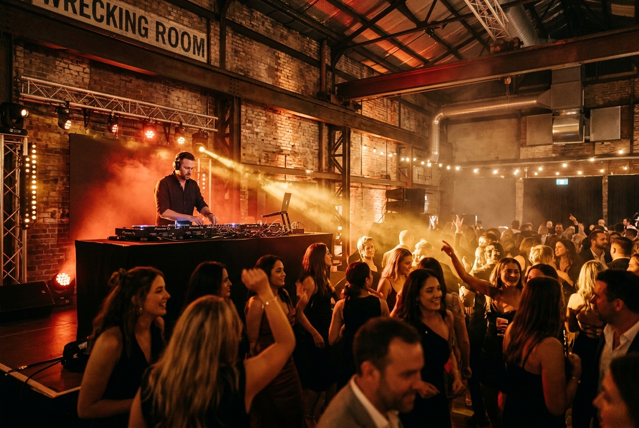 Soukromá firemní party ve Warehouse Liberec, DJ za pultem a tančící tým