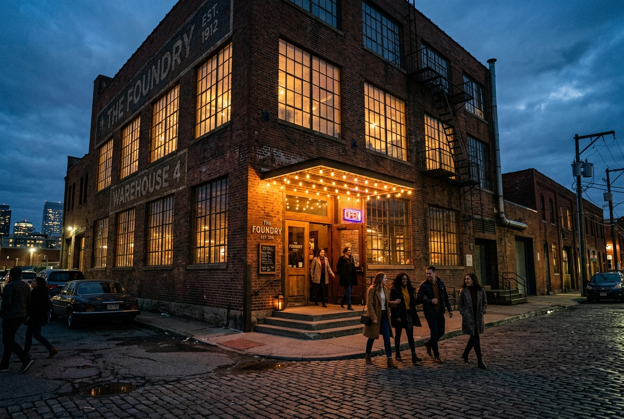 Večerní exteriér industriálního Warehouse Liberec s rozsvícenými okny
