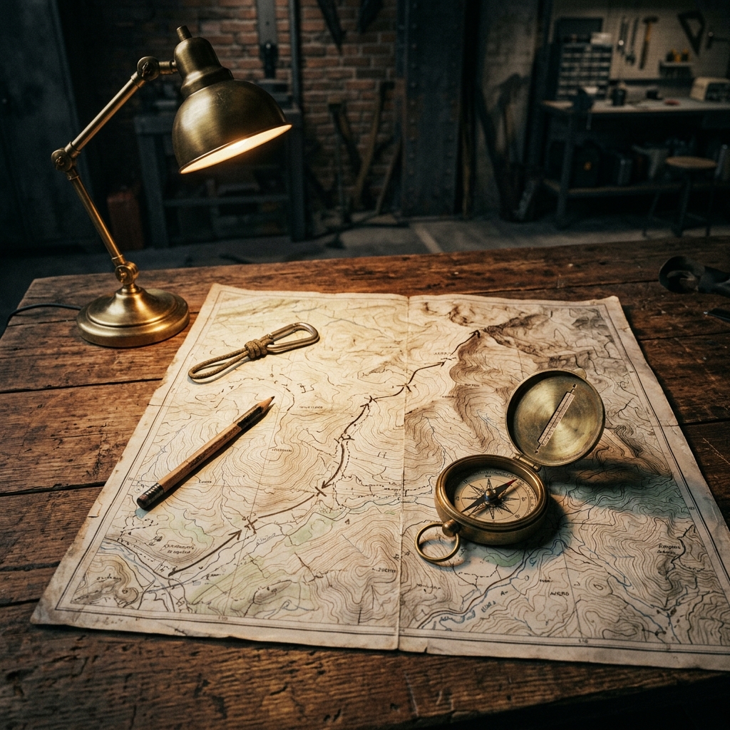 Turistická mapa s vyznačenou trasou, buzolou a lampou na stole ve Warehouse Liberec