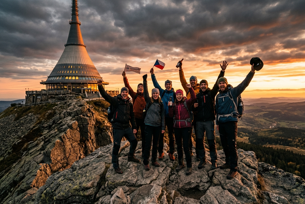 Tým slaví finish na vrcholu Ještědu pod vysílačem při západu slunce