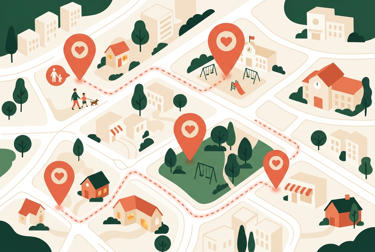 A map with heart-shaped location pins for the people you love