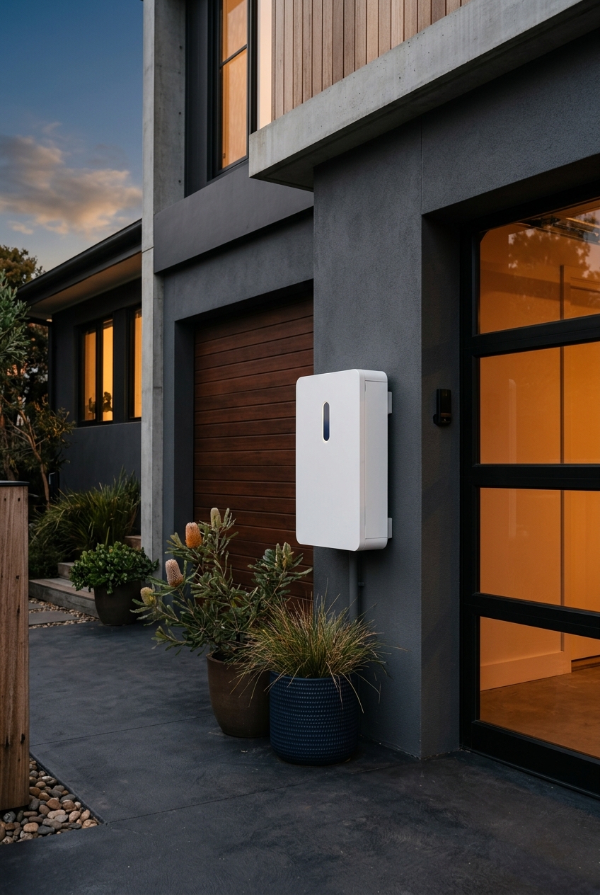 Modern home battery storage unit mounted on a garage wall