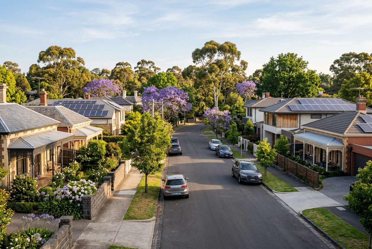 Leafy Melbourne suburb street with homes fitted with rooftop solar panels