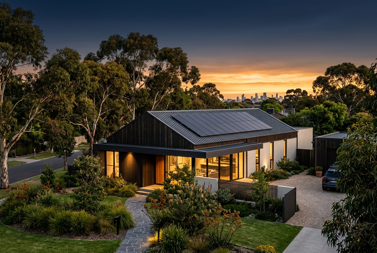Modern Melbourne home with rooftop solar panels at golden hour