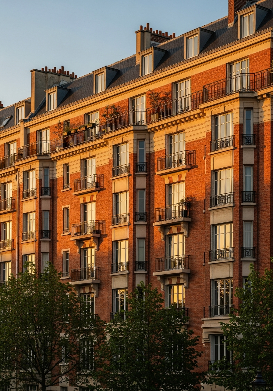 Façade d'un immeuble parisien en briques des années 30