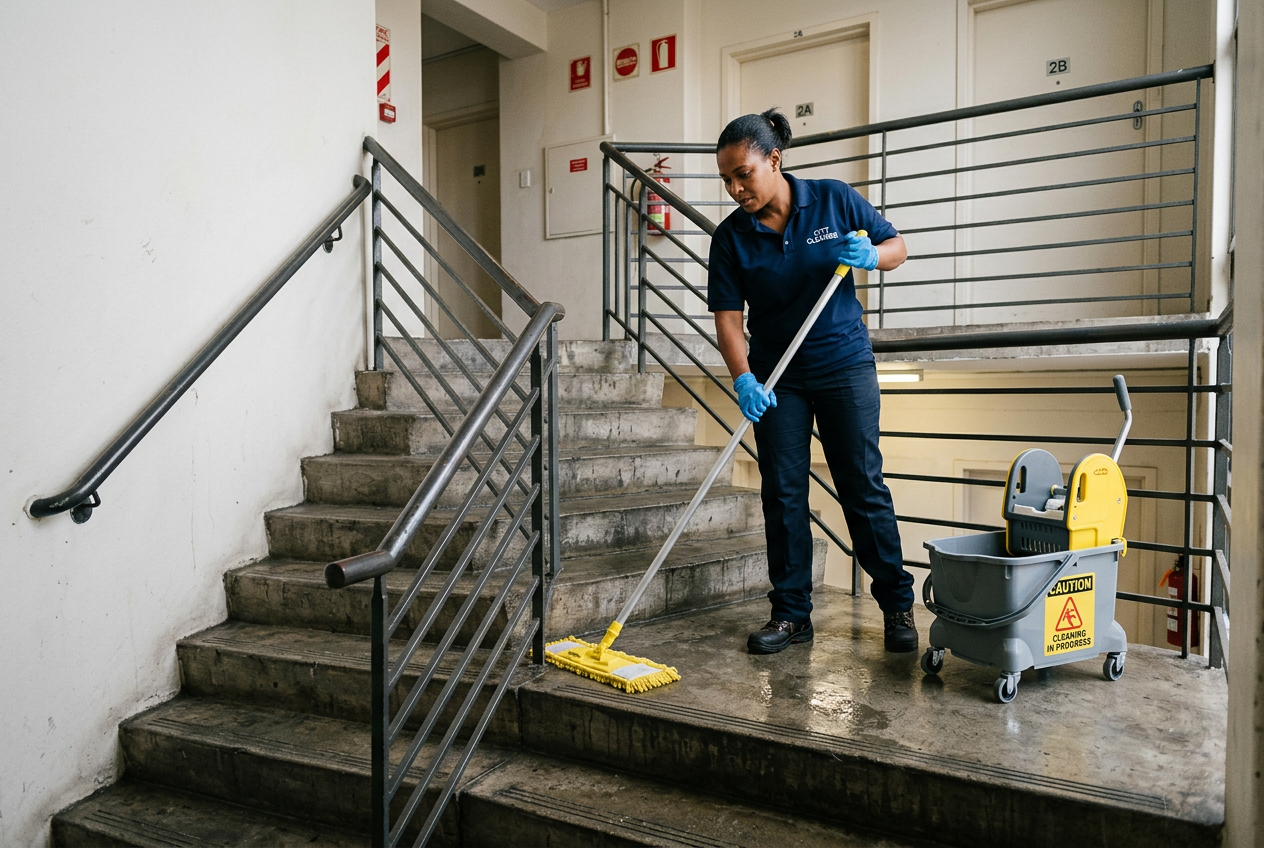 Treppenhausreinigung in Leonberg – Reinigungskraft wischt die Treppenstufen, Geländer sichtbar