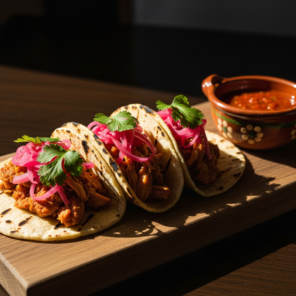 Fusion tacos with pickled onion and cilantro