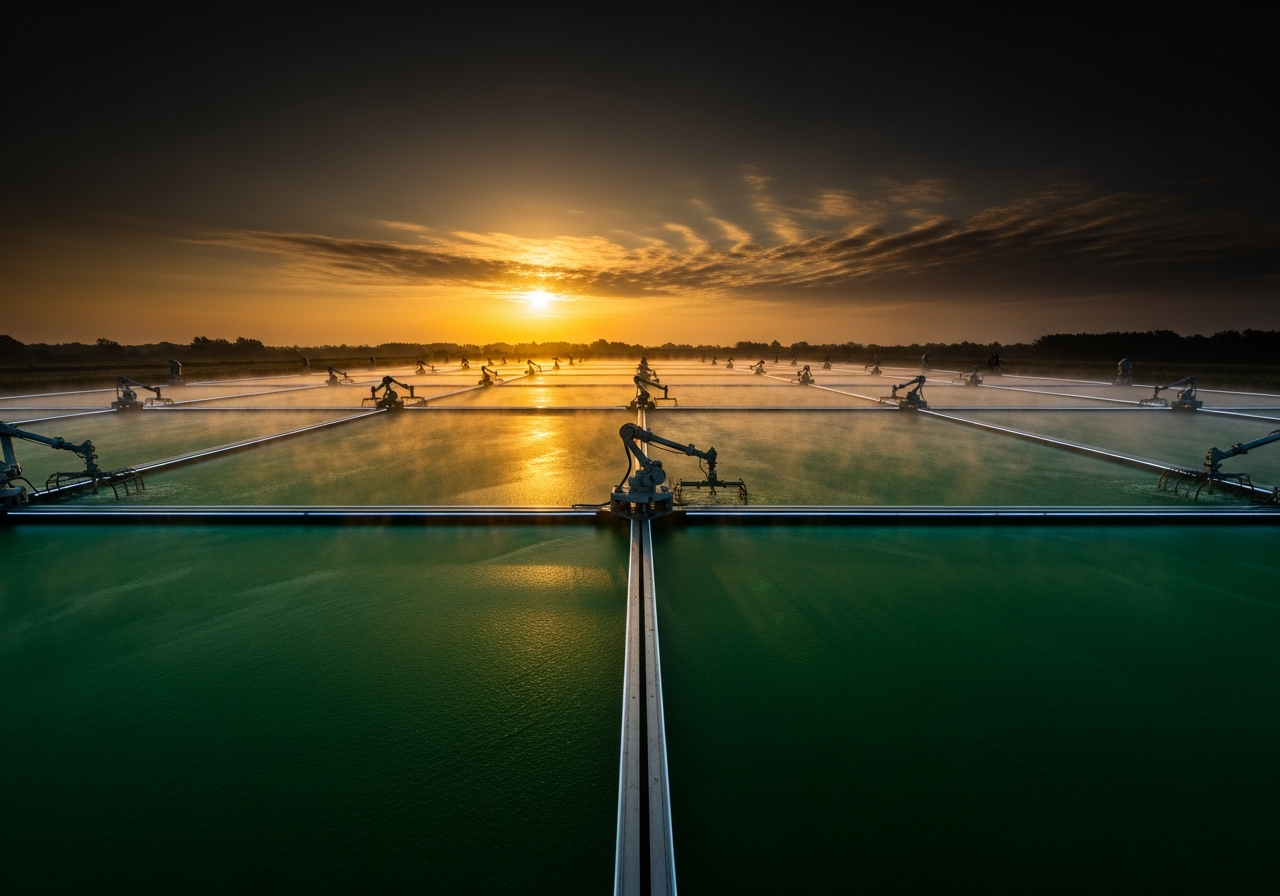 Spirulina cultivation at dawn