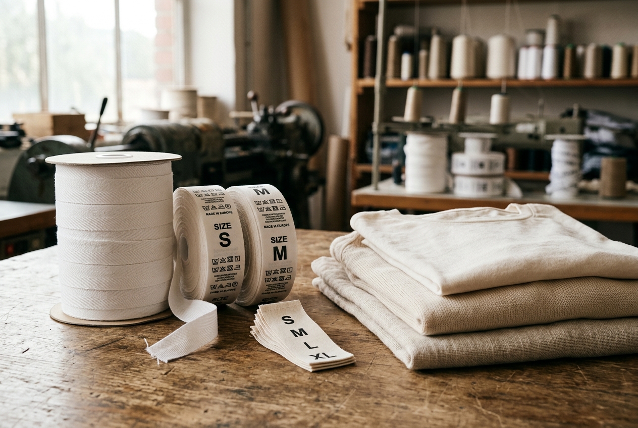 Spools of care label tape and printed size labels beside folded garments