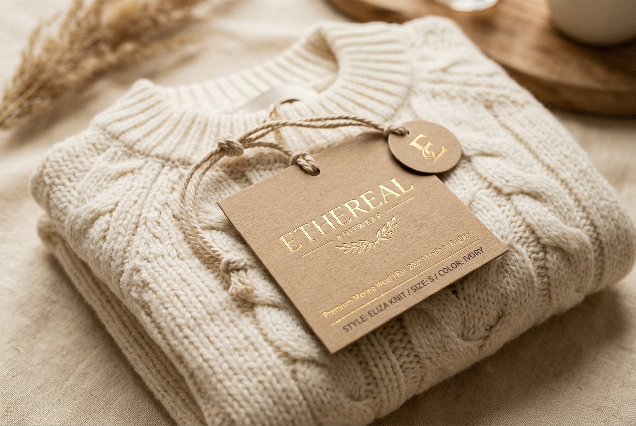 Gold foil kraft hangtags on a small-batch knitwear order