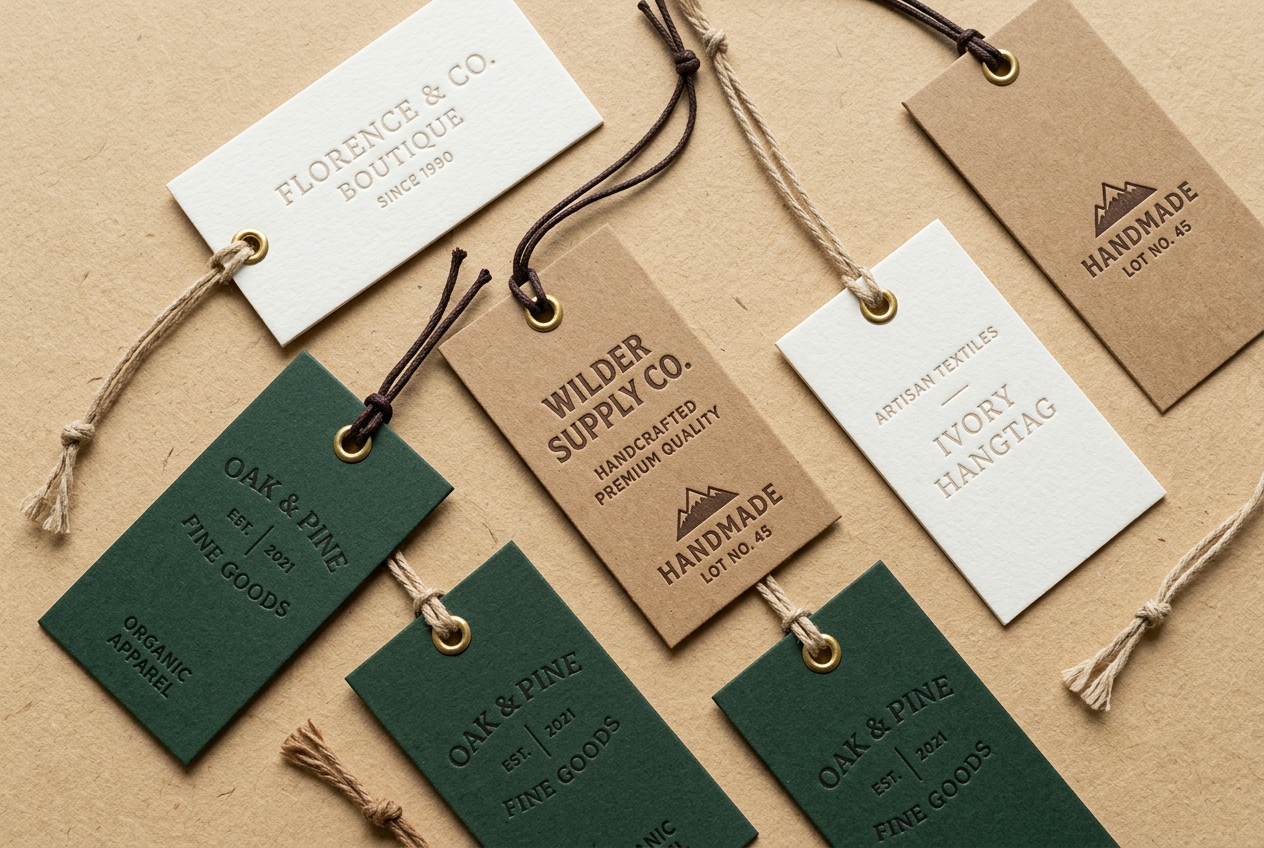 Flat lay of premium hangtags in forest green, kraft and ivory with brass eyelets