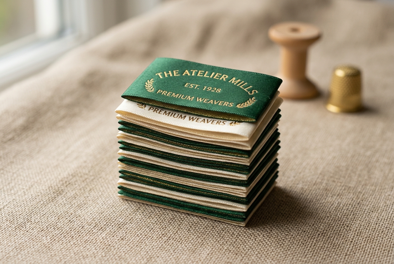Stack of woven satin clothing labels ready for dispatch
