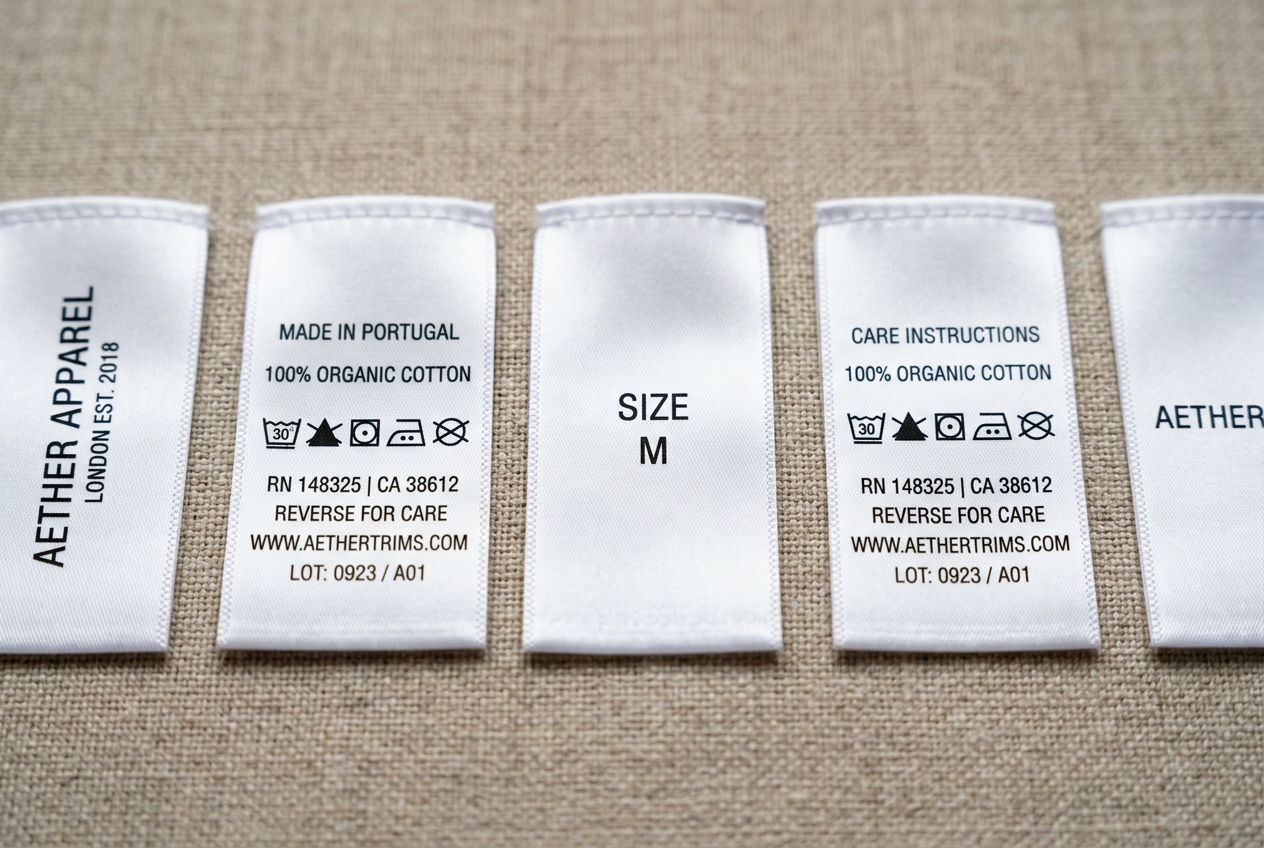 Screen printed satin care labels with crisp black text laid in a row