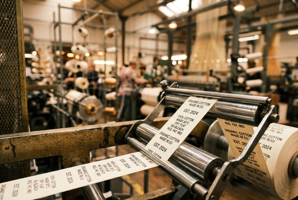 Continuous roll of woven taffeta labels on an industrial weaving loom