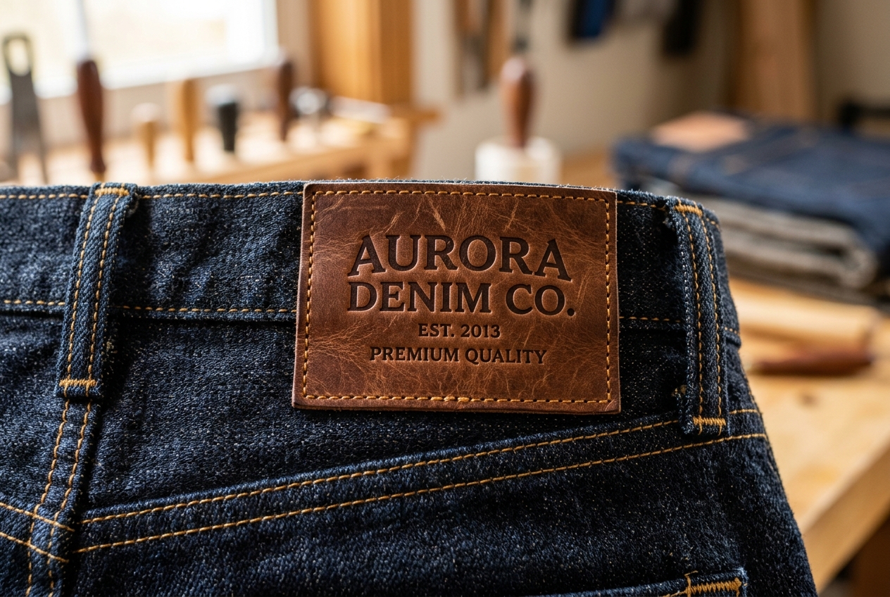 Leather patch with embossed logo stitched on raw denim jeans waistband