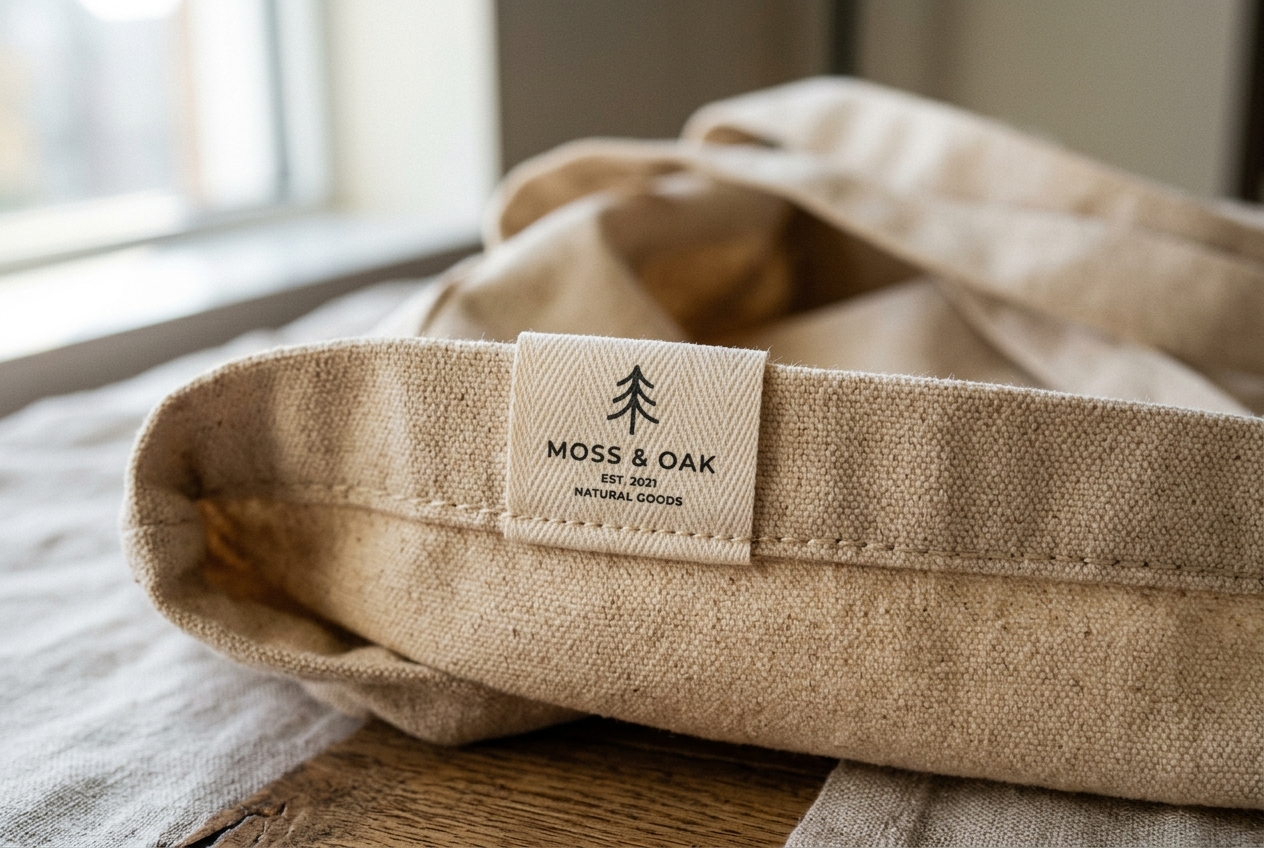 Printed cotton twill label sewn onto the hem of a natural canvas garment