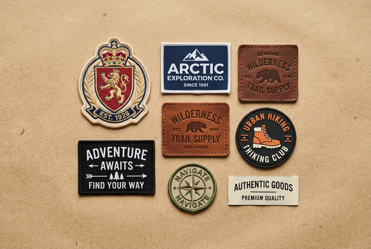Collection of embroidered, woven, leather and PVC garment patches