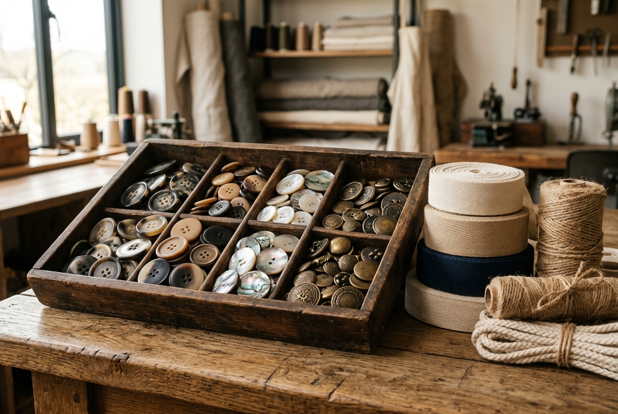 Tray of horn, corozo and brass buttons beside rolls of twill tape and cords