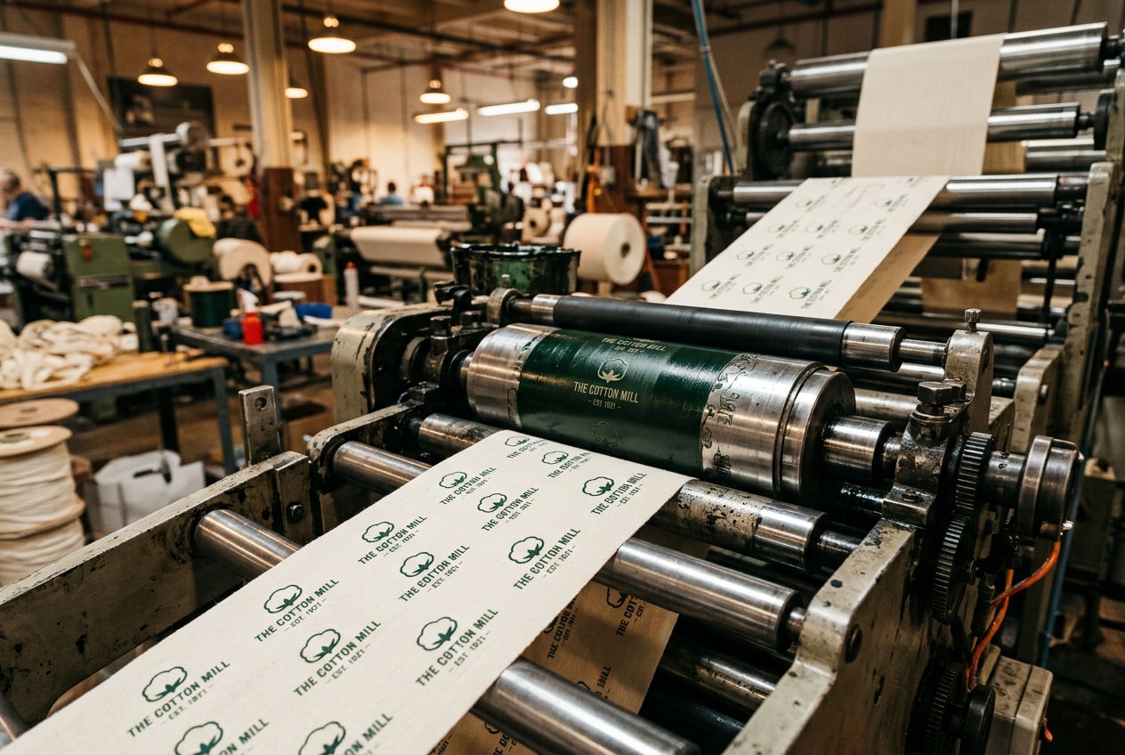Rotary printing of cotton label tape beside woven label production
