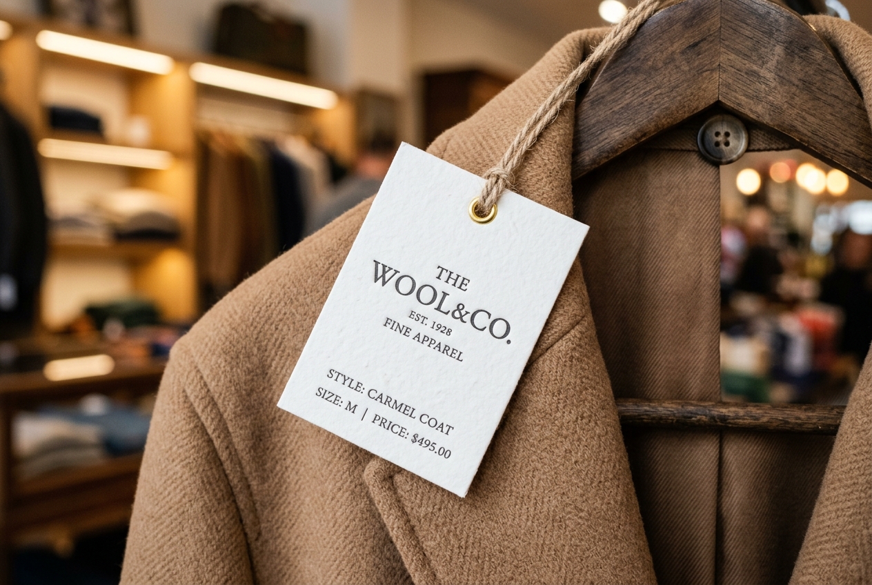 Letterpress hangtag hanging from a tailored camel wool coat