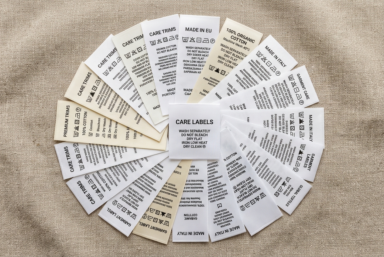 Fan of multilingual care labels with printed wash symbols