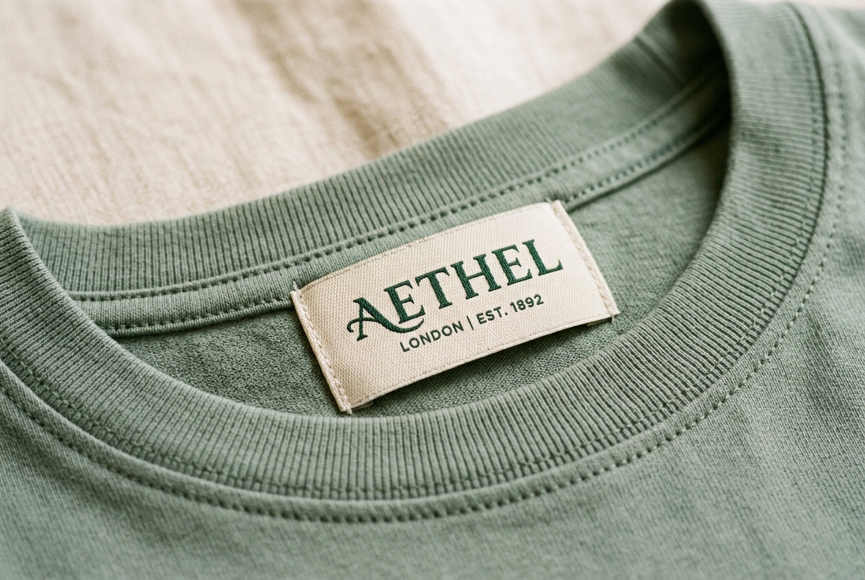 Damask woven label stitched into the back collar of a sage green t-shirt