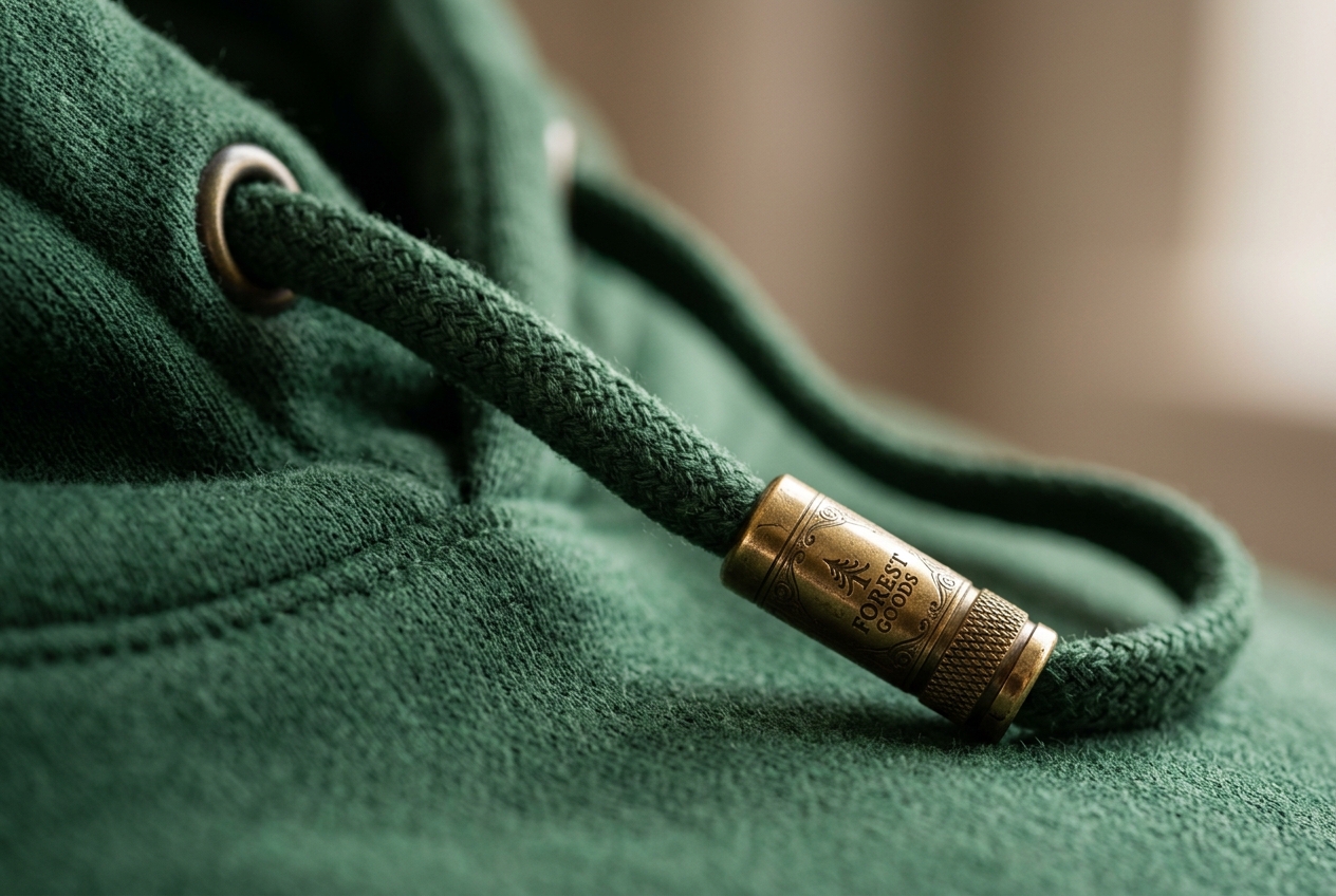 Forest green hoodie drawcord with engraved brass metal tip