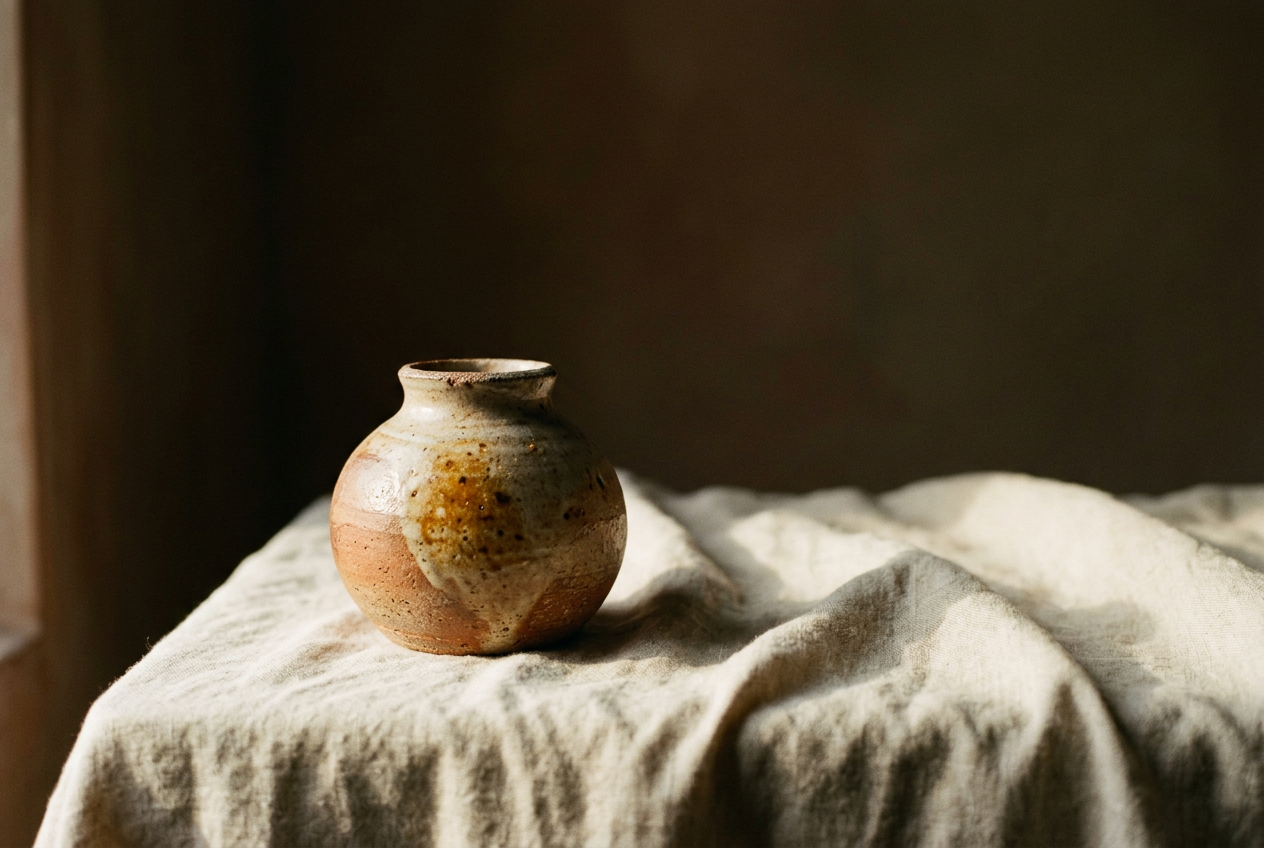 A handmade clay vessel resting in warm light