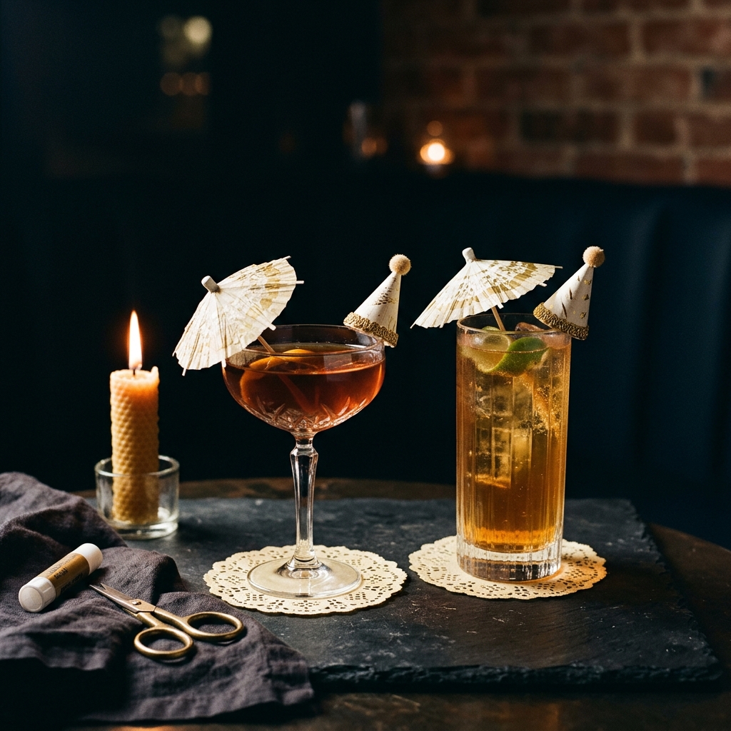 A coupe in a tiny paper party hat and a Collins glass under a paper parasol, each on a cut-paper doily