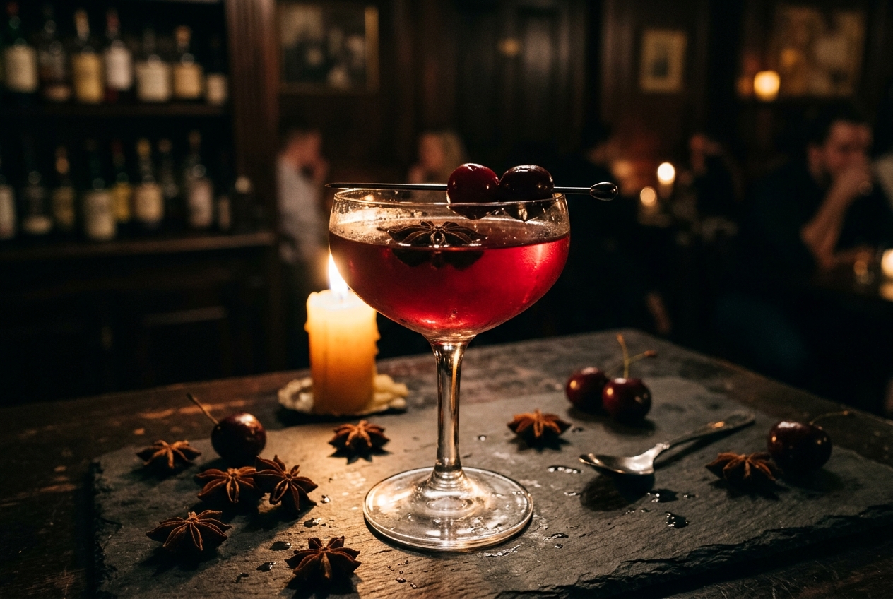 The Star Anise Cherry Shrub, dressed and poured