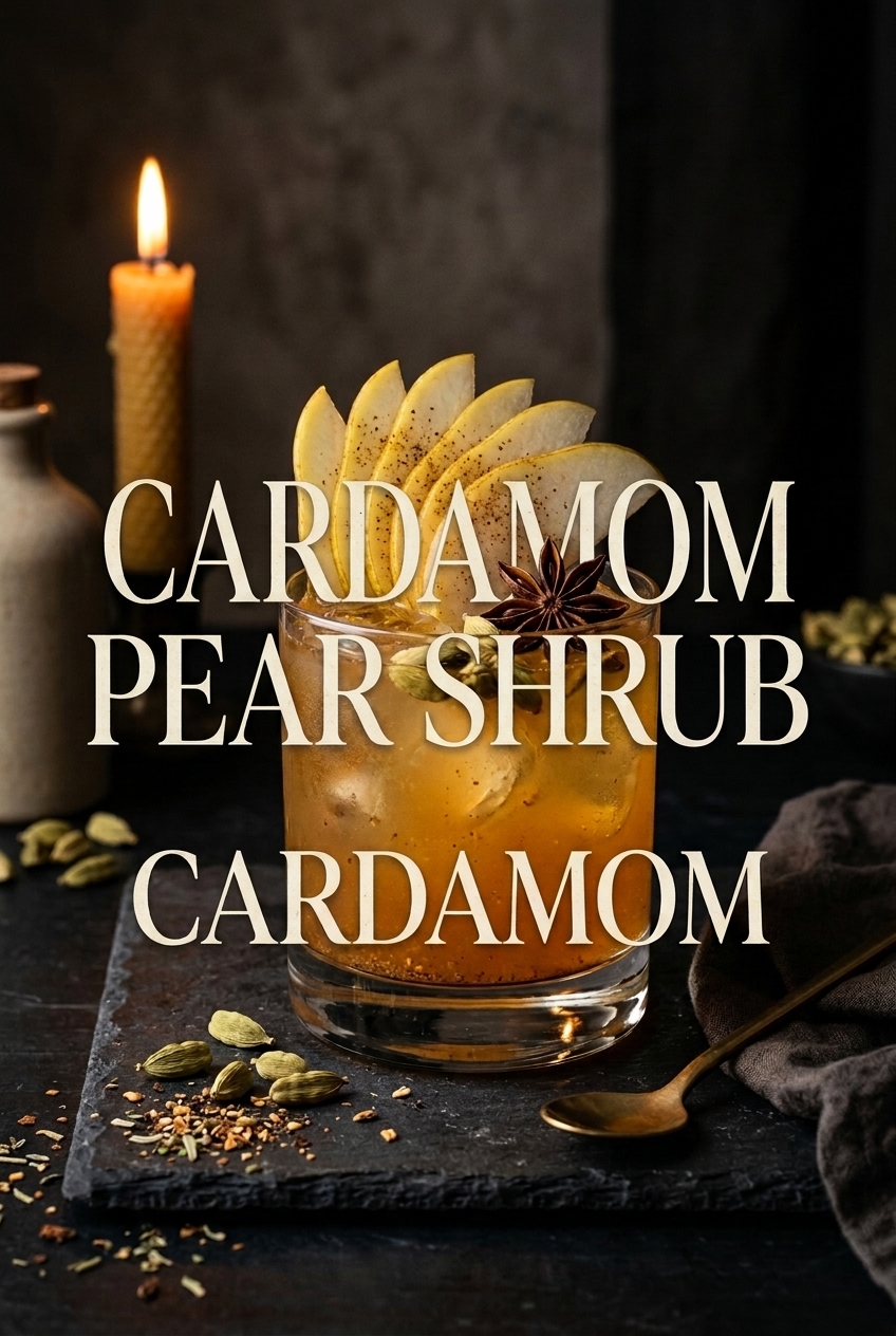 Pinterest pin for Cardamom Pear Shrub