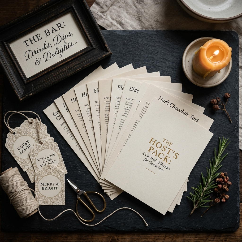 The Host's Pack — printed recipe cards, gift tags, and a framed bar sign fanned on dark slate