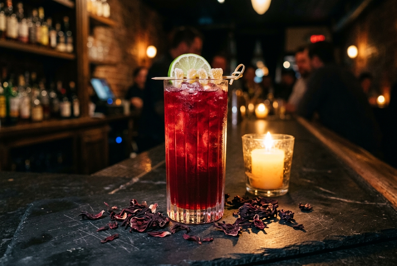 A deep ruby hibiscus cooler glowing in candlelight on a dark bar